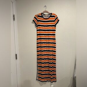 Michael Kors - Stripped Tee Shirt Maxi Dress - Blue and Orange - Size S